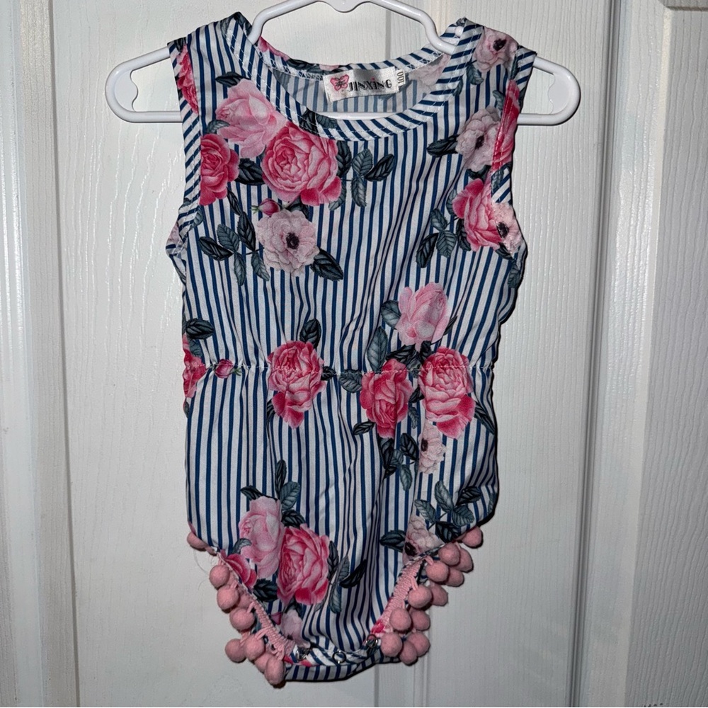 Source Unknown Blue and Pink Floral Striped Romper